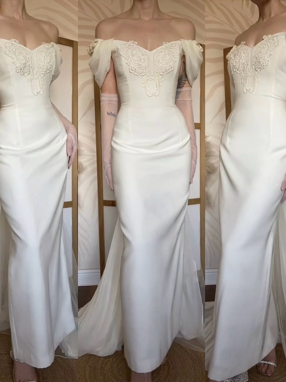 Vintage Off-Shoulder Ivory Bridal Gown with Draped Bow Back - Picture 4 of 7